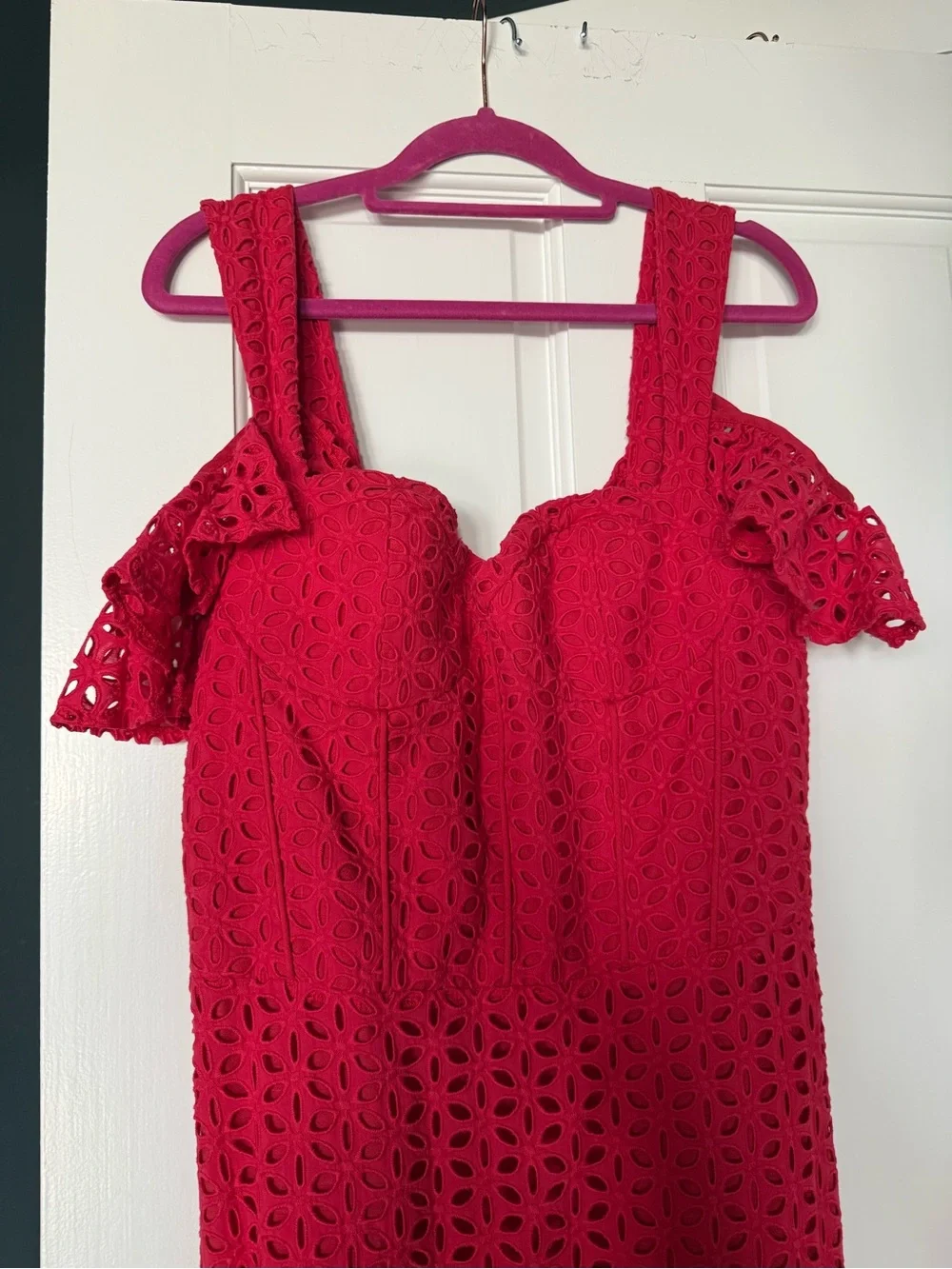 NADINE MERABI Julia Red Eyelet Midi Dress, Belt and Removable shoulder ruffles